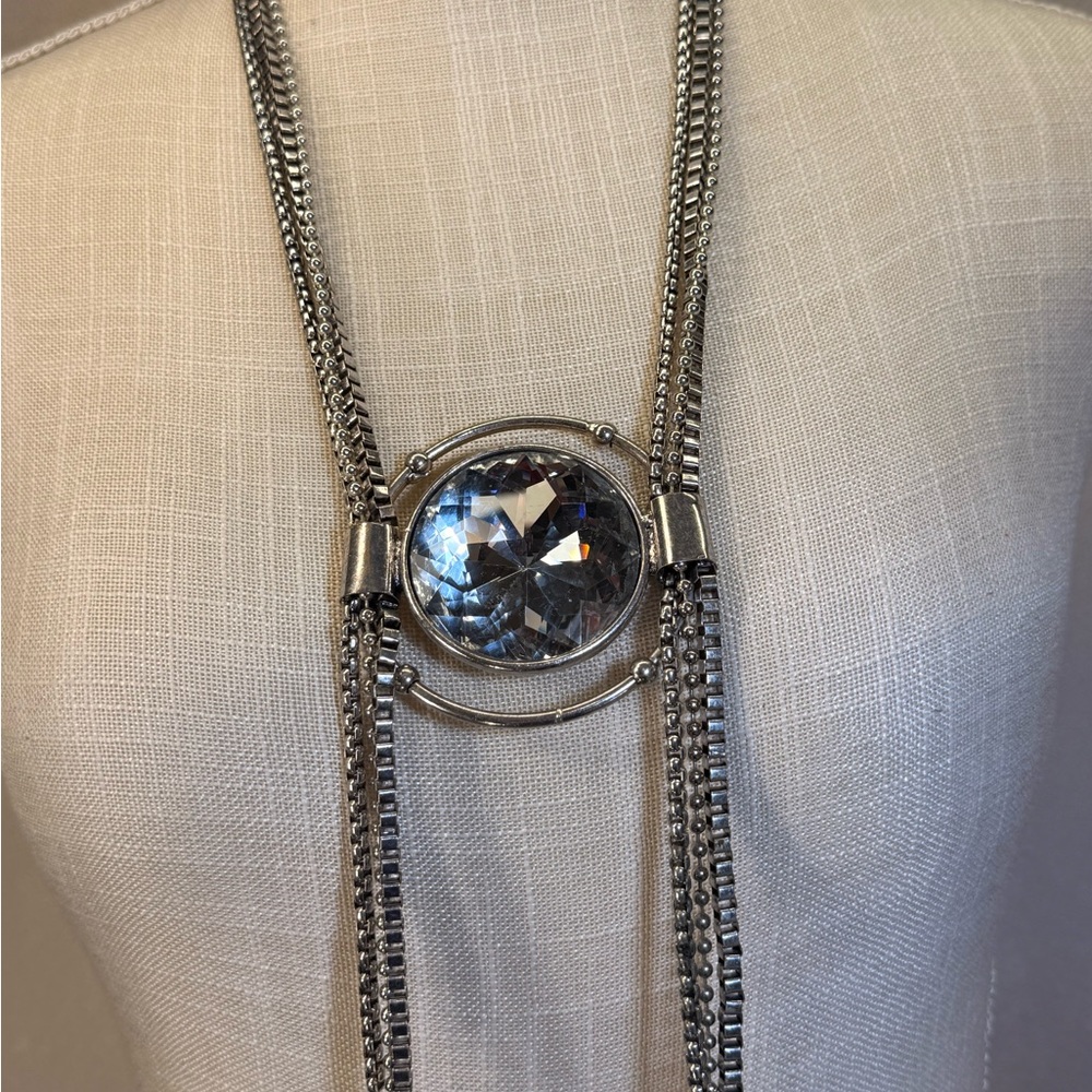 Large solitaire Faceted Crystal glass Pendant triple tassel statement necklace. - Picture 3 of 8